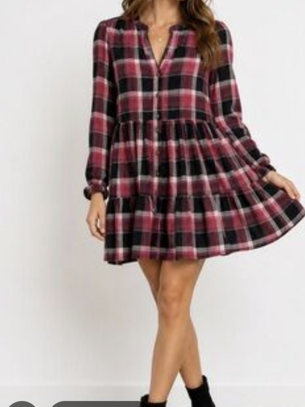 Time and Tru Pink and Black Plaid Button-Front Tiered Mini Dress